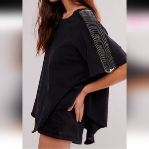 NWT Free People Brooke Tee Overaized Washed Black Open Back Asymetrical Chain